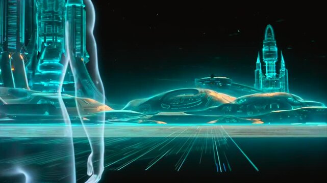 transparent male figure facing futuristic cityscape, standing in a digital environment with virtual architecture, anonymous identity, surveillance, simulation, technology and sci-fi concept