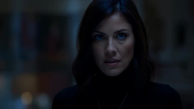 A woman in black gazes intently into the camera, embodying a sense of focus and determination.