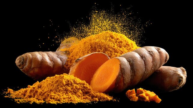 Turmeric Root and Powder: An artistic close-up captures the essence of turmeric, showcasing its vibrant yellow powder and earthy roots, evoking its culinary and medicinal appeal.