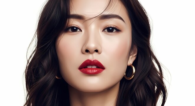 Portrait of a Beautiful Asian Woman with Red Lipstick and Gold Hoop Earrings