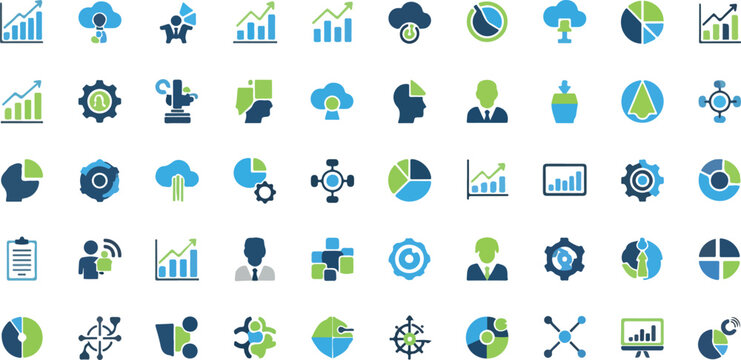 Business icons, data visualization symbols, infographic elements, blue and green vector graphics