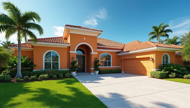 Orange modern villa with palm trees in sunny Florida neighborhood. Lush green lawn and driveway lead to upscale suburban residence with tiled roof.