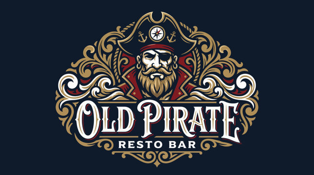 An intricately designed vintage logo featuring a pirate, symbolizing a unique dining experience with a nautical theme and a rich, adventurous atmosphere in a cozy bar.