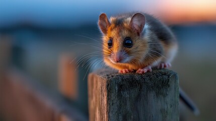 Obraz premium Cute Rodent on a Wooden Post at Dusk