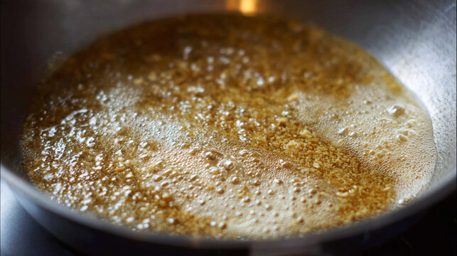 Brown Butter in Pan Bubbling Beurre Noisette Cooking Process Close Up