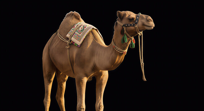 Sacrificial Camel for Eid al-Adha Celebration with Decorative Harness,Majestic Brown Camel Standing Against a Solid Black Backdrop,3d digital illustration of Camel 