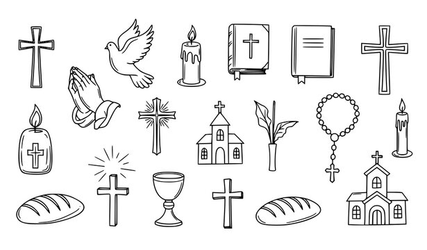 Hand drawn Christian religious icons with church worship symbols and sacrament elements outline vector set