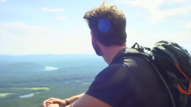 hiker sitting on cliff edge admiring mountain landscape, feeling adventure and freedom, young adult male, backpacker, side view, outdoor exploration, nature experience
