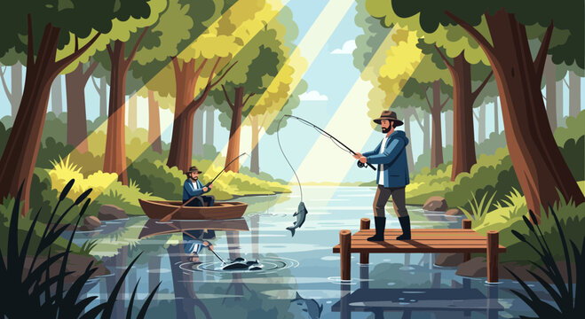 Man fishing from wooden pier with caught fish.