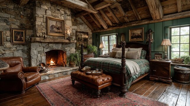 Cozy rustic bedroom with dark wood four-poster bed, plaid coverlet, warm stone fireplace, green walls with vintage horse paintings, wooden beam ceiling, leather armchair on red rug.