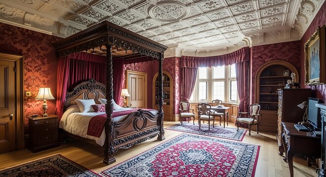 Elegant Bedroom with Four-Poster Bed, Antique Decor, and Luxurious Ambiance.