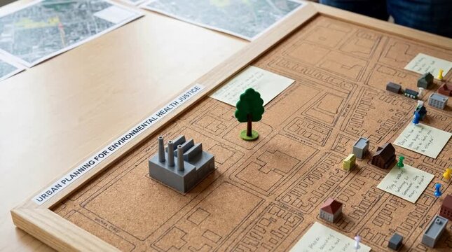 Urban planning model featuring miniature buildings and trees on cork board illustrating environmental health justice concept in detail