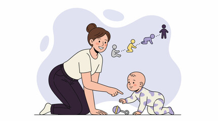 Fototapeta premium Caring Mother Guiding Her Baby Through Important Developmental Stages from Crawling to Standing