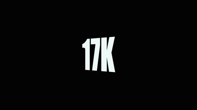 Seventeen Thousand 17k Large White Number Text Overlay on Black Background for Counting Statistics and Data Visualization.