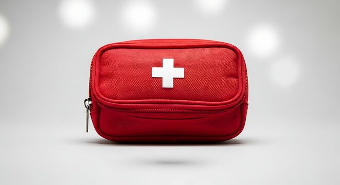 A red first aid kit with a white cross sits on a plain surface in a well-lit area.