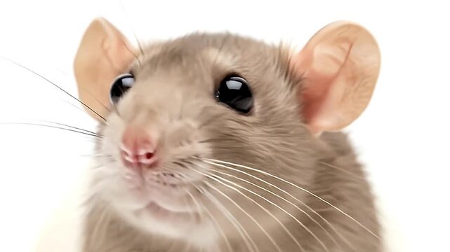 A captivating close-up shot features a curious small rodent with soft, light brown and white fur, set against a pristine white background. The animal's prominent ears, long sensitive whiskers, and exp