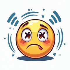 Obraz premium Dizzy emoji face with crossed eyes. Cartoon character feels sick or unwell. Swirling lines and stars indicate motion or confusion. Yellow face with red cheeks and a sad mouth.