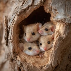 Obraz premium Adorable Mice Nestled in Tree Hollow