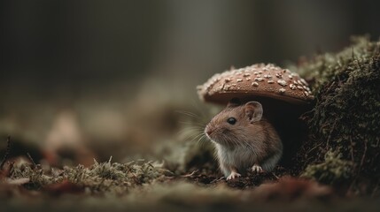 Obraz premium Cute Mouse Sheltered Under Mushroom Cap