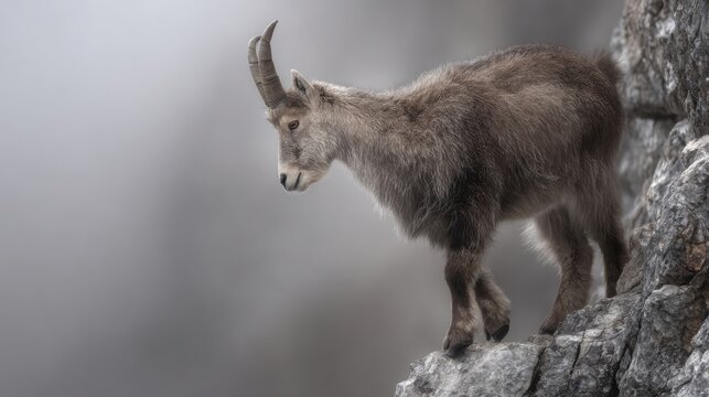 Majestic mountain goat with curved horns stands on a rocky ledge, looking down from a misty alpine peak.