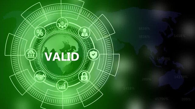 Futuristic Digital Interface with Globe and Icons Showing " VALID" in Green Tones technology