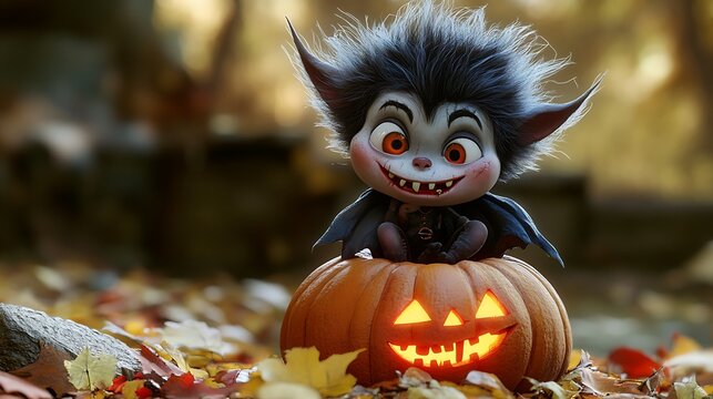 Adorable vampire with a big fluffy hairdo, tiny fangs, and a charming, mischievous grin, sitting on a pumpkin 