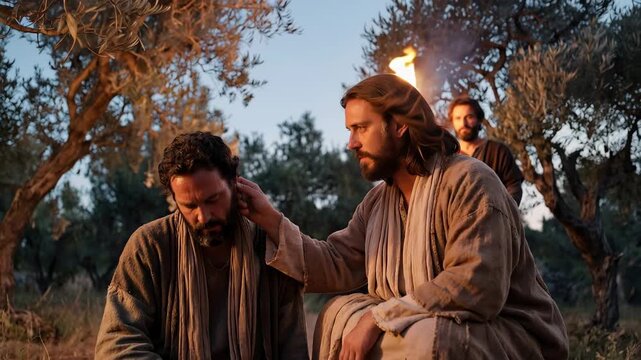 Jesus healing Malchus's ear in the garden