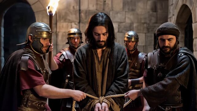 Jesus tightly bound with rope by Roman guards