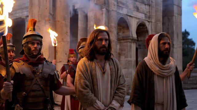 Jesus bound and escorted into Annas courtyard at dawn