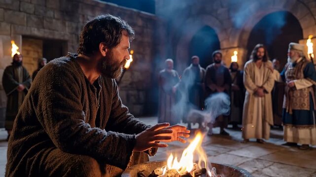 Simon Peter by fire while Jesus stands before high priest