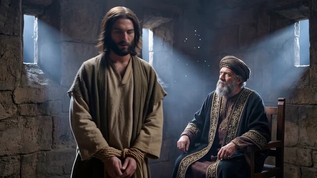 Jesus questioned by Caiaphas the high priest