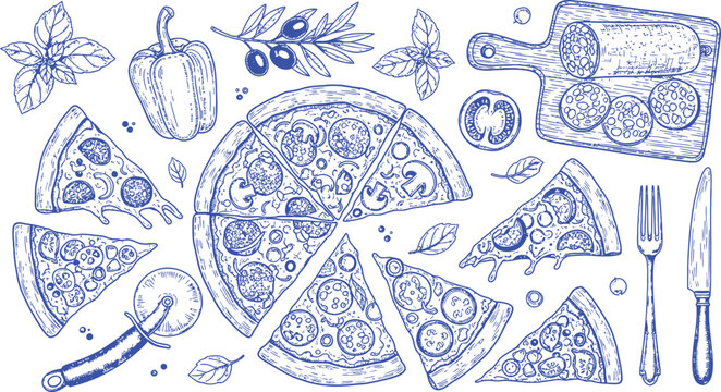 Hand Drawn Pizza Slices and Ingredients Set Vector Illustration Icons