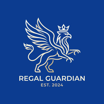 An elegant logo showcasing a griffin with wings spread wide, crowned and ready to protect. This design symbolizes power, royality, and a brand established in 2024.
