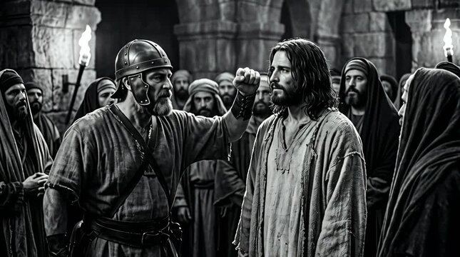 Temple guard striking Jesus across the face