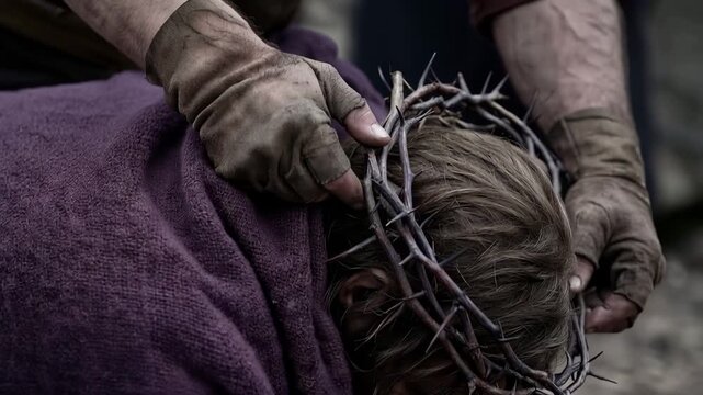 Roman soldier forcing a crown of thorns onto Jesus