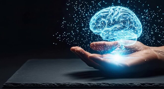 Holographic brain glowing above hand with neural network connections showcasing futuristic intelligence and advanced technology innovation concept
