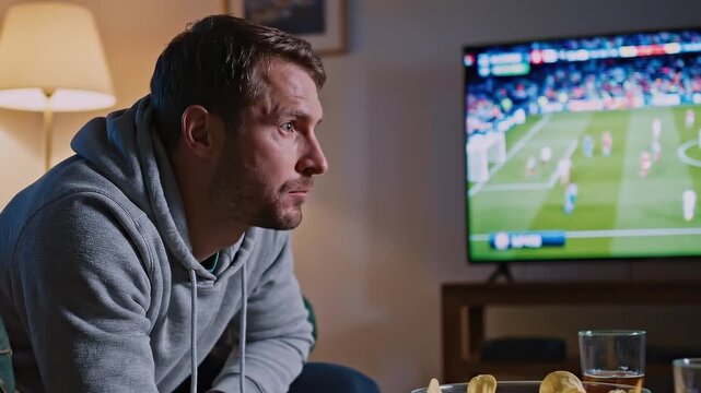 Focused sports fan in casual hoodie watches a live football game on television at home while eating chips, capturing excitement, tension, leisure, and home entertainment atmosphere