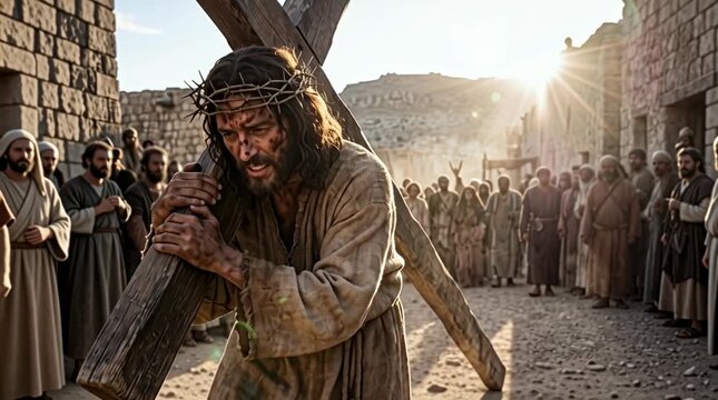 Jesus carrying the heavy wooden cross to Golgotha