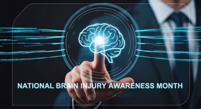 National brain injury awareness month concept with businessman touching glowing brain icon on virtual screen for injury awareness and prevention