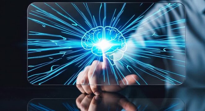 Brain technology digital hologram hand touch innovation futuristic intelligence concept glowing icon transparent screen symbolizing intelligence