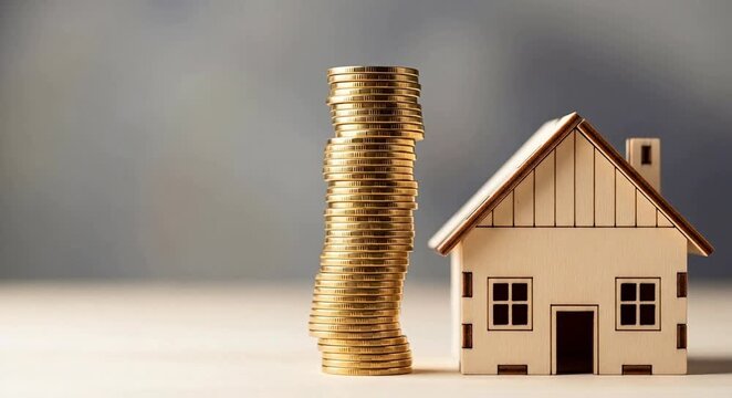 Stack of gold coin and wooden house model symbolizing finance investment, real estate growth, saving property wealth, banking economy cash concept