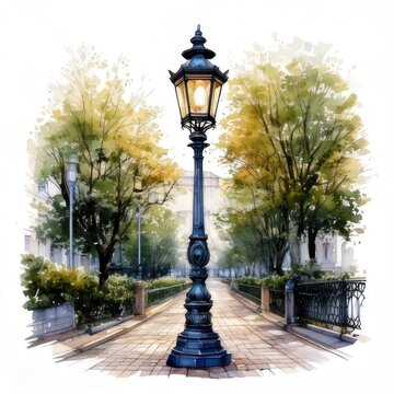 Ornate lamppost on path, framed by trees and buildings