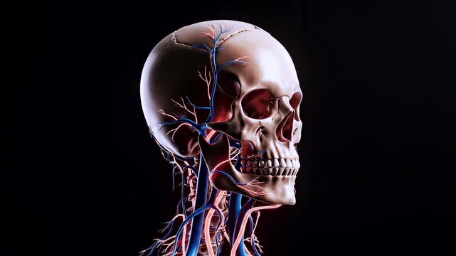 detailed side profile of male head with visible facial muscles and skull structure, realistic medical anatomy visualization for healthcare, education, science, diagnostics and human body study