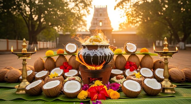 A traditional indian puja ceremony with coconut and flowers