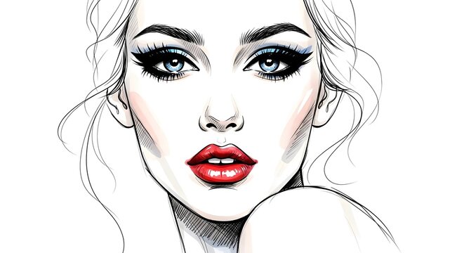 Girl Sketch Portrait of a Beautiful Young Woman with Bold Red Lips, Blue Eyes, and Eyeliner