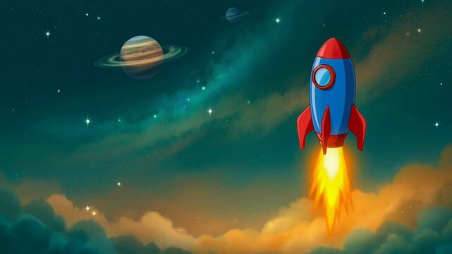 Retro rocket launching into outer space with flames and smoke trailing behind against a backdrop of colorful nebula clouds and a ringed planet