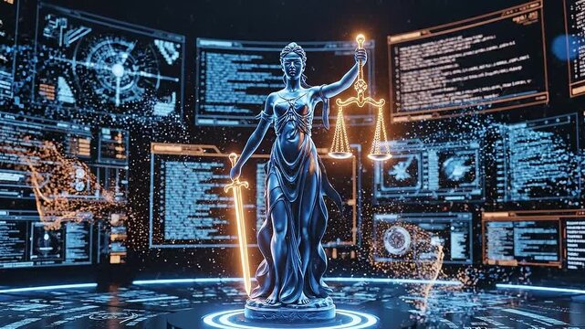 Futuristic digital representation of Lady Justice with sword and scales amidst holographic screens displaying code and data, symbolizing AI and law.