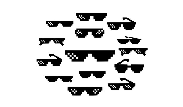 Geometric pixel sunglasses set with gangster style 8 bit black glasses for modern meme design
