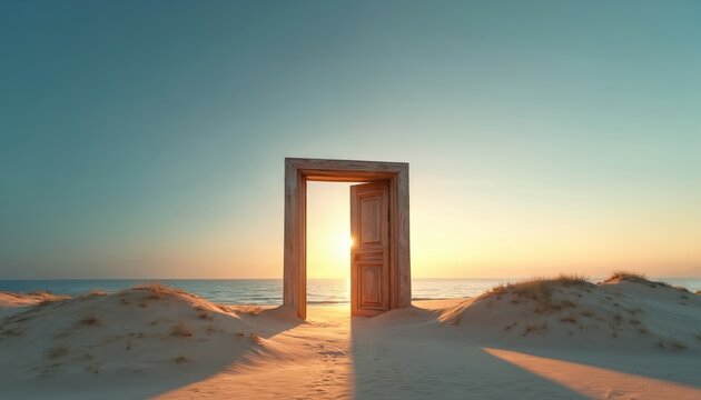 Open wooden door on sandy beach leads to ocean sunset. Calm water, dunes, and golden light create a peaceful, dreamlike scene inviting exploration and escape.