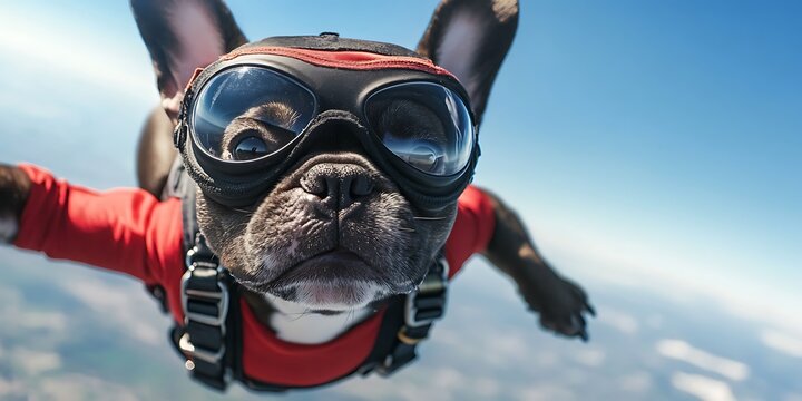 French bulldog in red flight suit and goggles skydiving flying